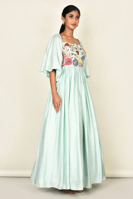 Khwaab By Sanjana Lakhani_Blue Silk Embroidered Floral Motifs Cutwork Anarkali_Online_at_Aza_Fashions