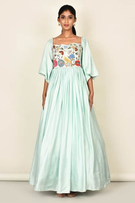 Shop_Khwaab By Sanjana Lakhani_Blue Silk Embroidered Floral Motifs Cutwork Anarkali_Online_at_Aza_Fashions