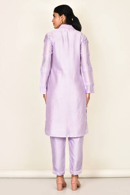 Shop Khwaab By Sanjana Lakhani Purple Bamber Silk Plain Collared Neck Lavender Asymmetric Kurta And Pant Set at Aza Fashions Shop_Khwaab By Sanjana Lakhani_Purple Bamber Silk Plain Collared Neck Lavender Asymmetric Kurta And Pant Set_at_Aza_Fashions