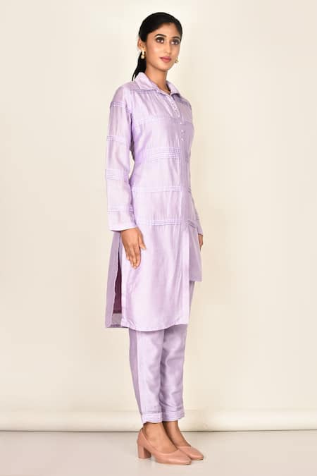 Khwaab By Sanjana Lakhani Purple Bamber Silk Plain Collared Neck Lavender Asymmetric Kurta And Pant Set Online at Aza Fashions Khwaab By Sanjana Lakhani_Purple Bamber Silk Plain Collared Neck Lavender Asymmetric Kurta And Pant Set_Online_at_Aza_Fashions