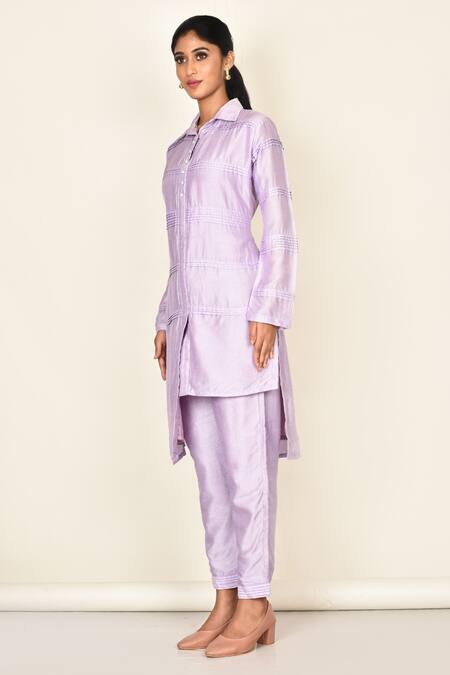 Buy Khwaab By Sanjana Lakhani Purple Bamber Silk Plain Collared Neck Lavender Asymmetric Kurta And Pant Set Online at Aza Fashions Buy_Khwaab By Sanjana Lakhani_Purple Bamber Silk Plain Collared Neck Lavender Asymmetric Kurta And Pant Set_Online_at_Aza_Fashions