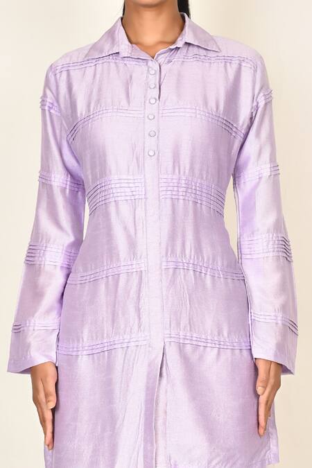 Khwaab By Sanjana Lakhani Purple Bamber Silk Plain Collared Neck Lavender Asymmetric Kurta And Pant Set at Aza Fashions Khwaab By Sanjana Lakhani_Purple Bamber Silk Plain Collared Neck Lavender Asymmetric Kurta And Pant Set_at_Aza_Fashions