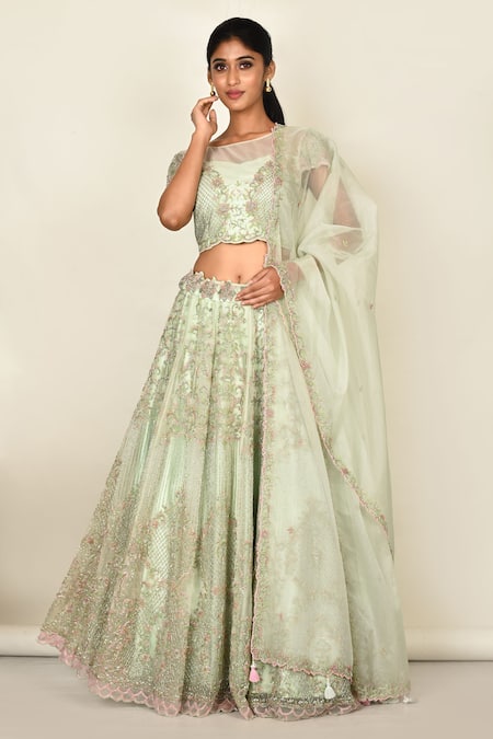 Khwaab by Sanjana Lakhani Floral Embroidered Organza Lehenga Set 