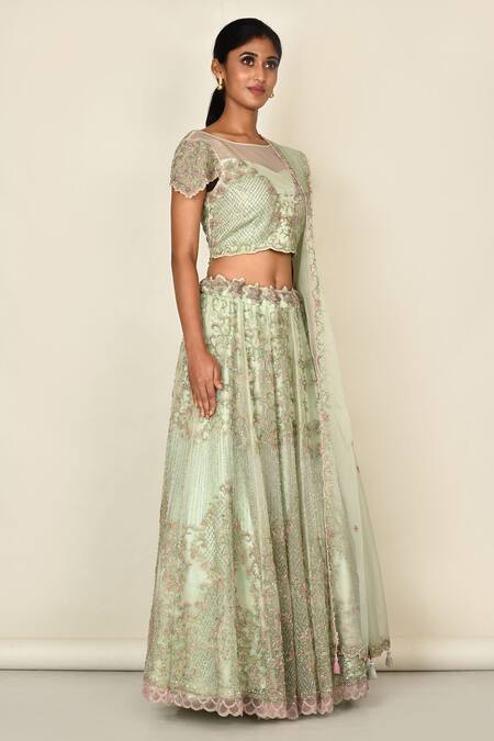 Khwaab By Sanjana Lakhani_Green Organza Embroidery, Tassels, Cut Work Round Neck Floral Lehenga Set_Online_at_Aza_Fashions