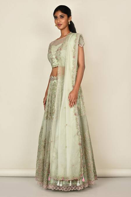 Buy_Khwaab By Sanjana Lakhani_Green Organza Embroidery, Tassels, Cut Work Round Neck Floral Lehenga Set_Online_at_Aza_Fashions