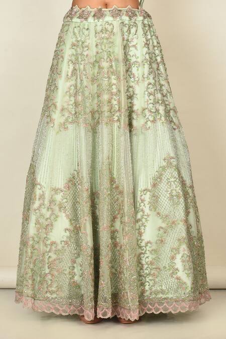 Shop_Khwaab By Sanjana Lakhani_Green Organza Embroidery, Tassels, Cut Work Round Neck Floral Lehenga Set_Online_at_Aza_Fashions