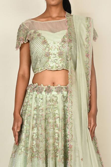 Khwaab By Sanjana Lakhani_Green Organza Embroidery, Tassels, Cut Work Round Neck Floral Lehenga Set_at_Aza_Fashions