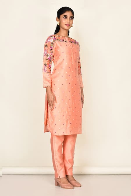 Khwaab By Sanjana Lakhani_Peach Bamber Silk Embroidered Geometric Round Floral And Kurta Set_Online_at_Aza_Fashions