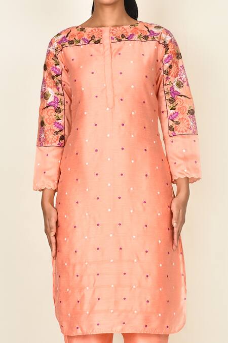 Khwaab By Sanjana Lakhani_Peach Bamber Silk Embroidered Geometric Round Floral And Kurta Set_at_Aza_Fashions