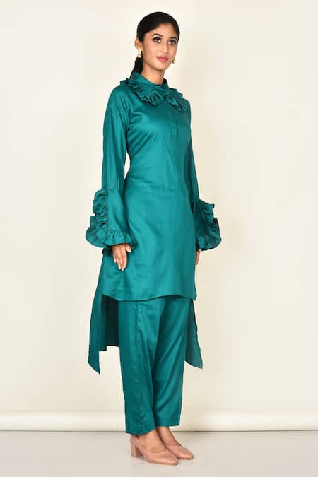 Khwaab By Sanjana Lakhani_Green Cotton Plain Collared Neck Asymmetric Kurta Set With Sleeves_Online_at_Aza_Fashions