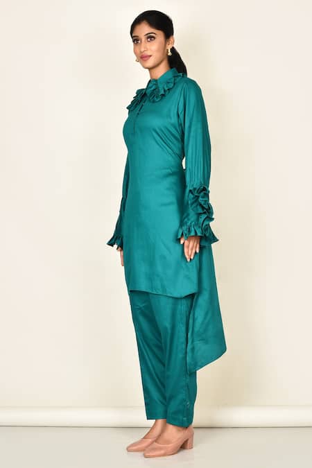 Buy_Khwaab By Sanjana Lakhani_Green Cotton Plain Collared Neck Asymmetric Kurta Set With Sleeves_Online_at_Aza_Fashions