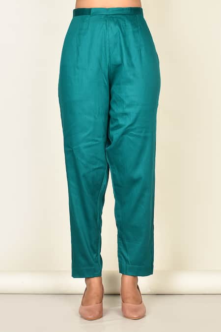 Shop_Khwaab By Sanjana Lakhani_Green Cotton Plain Collared Neck Asymmetric Kurta Set With Sleeves_Online_at_Aza_Fashions