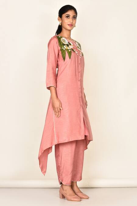 Khwaab By Sanjana Lakhani_Pink Dola Silk Embroidered Floral Motifs Round Kurta Set_Online_at_Aza_Fashions