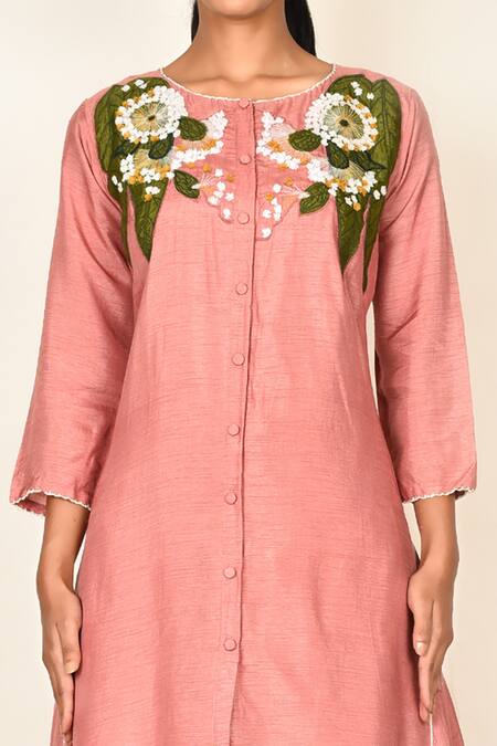 Khwaab By Sanjana Lakhani_Pink Dola Silk Embroidered Floral Motifs Round Kurta Set_at_Aza_Fashions