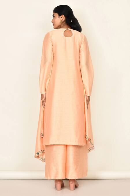 Shop Khwaab By Sanjana Lakhani Peach Bamber Silk Embroidered Floral Motifs Round Kurta Set at Aza Fashions Shop_Khwaab By Sanjana Lakhani_Peach Bamber Silk Embroidered Floral Motifs Round Kurta Set_at_Aza_Fashions