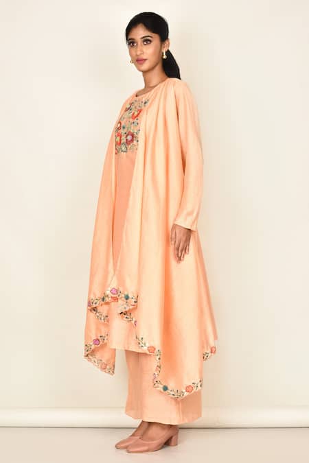 Khwaab By Sanjana Lakhani Peach Bamber Silk Embroidered Floral Motifs Round Kurta Set Online at Aza Fashions Khwaab By Sanjana Lakhani_Peach Bamber Silk Embroidered Floral Motifs Round Kurta Set_Online_at_Aza_Fashions