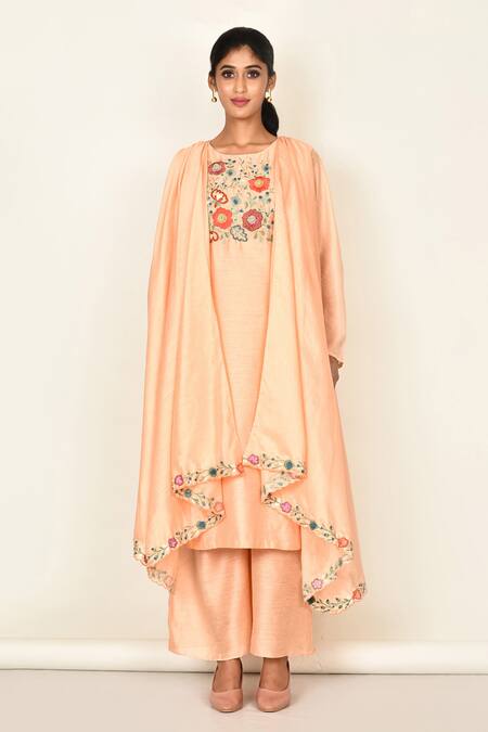 Buy Khwaab By Sanjana Lakhani Peach Bamber Silk Embroidered Floral Motifs Round Kurta Set Online at Aza Fashions Buy_Khwaab By Sanjana Lakhani_Peach Bamber Silk Embroidered Floral Motifs Round Kurta Set_Online_at_Aza_Fashions