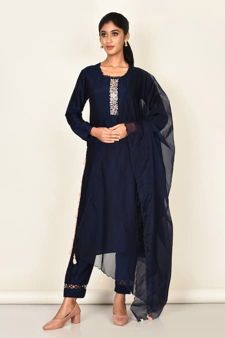 Khwaab by Sanjana Lakhani Floral Embroidered Navy Blue Kurta Set 