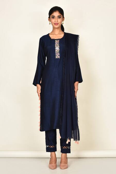 Buy_Khwaab By Sanjana Lakhani_Blue Bamber Silk Embroidered Floral Motifs Loop Navy Kurta Set_Online_at_Aza_Fashions