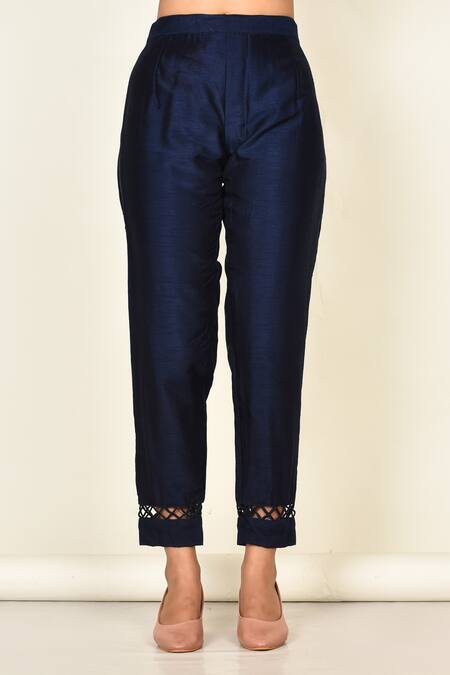 Shop_Khwaab By Sanjana Lakhani_Blue Bamber Silk Embroidered Floral Motifs Loop Navy Kurta Set_Online_at_Aza_Fashions