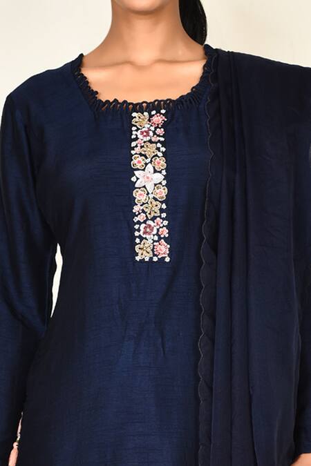 Khwaab By Sanjana Lakhani_Blue Bamber Silk Embroidered Floral Motifs Loop Navy Kurta Set_at_Aza_Fashions