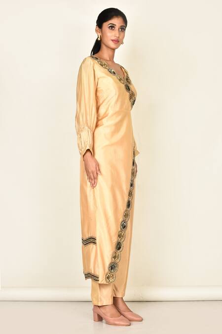 Khwaab By Sanjana Lakhani_Yellow Satin Silk Embroidered Floral Motifs Scallop Neck Kurta Set_Online_at_Aza_Fashions