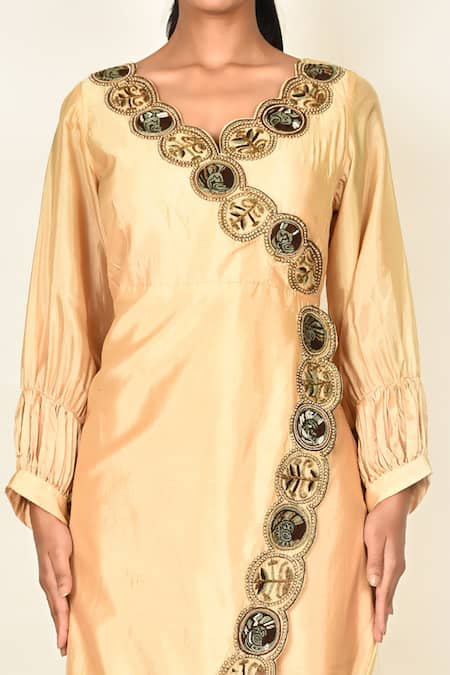 Khwaab By Sanjana Lakhani_Yellow Satin Silk Embroidered Floral Motifs Scallop Neck Kurta Set_at_Aza_Fashions