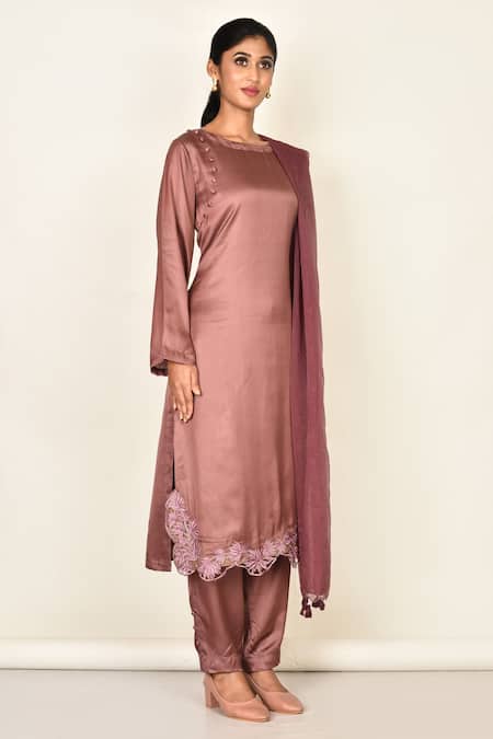 Khwaab By Sanjana Lakhani_Brown Satin Silk Embroidered Floral Motifs Round Kurta Set_Online_at_Aza_Fashions