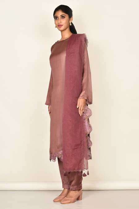 Buy_Khwaab By Sanjana Lakhani_Brown Satin Silk Embroidered Floral Motifs Round Kurta Set_Online_at_Aza_Fashions