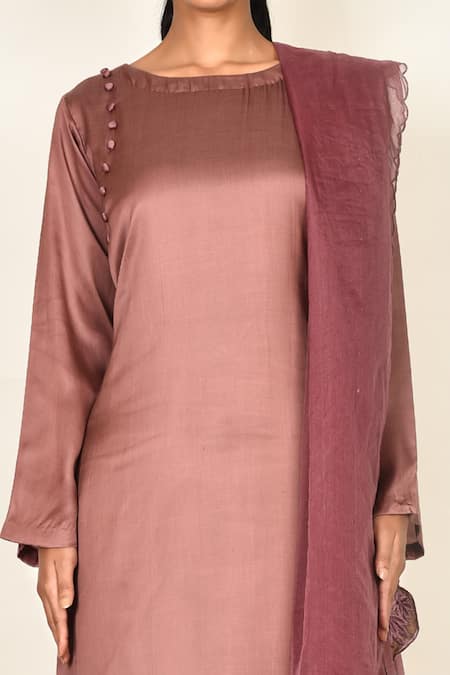 Khwaab By Sanjana Lakhani_Brown Satin Silk Embroidered Floral Motifs Round Kurta Set_at_Aza_Fashions