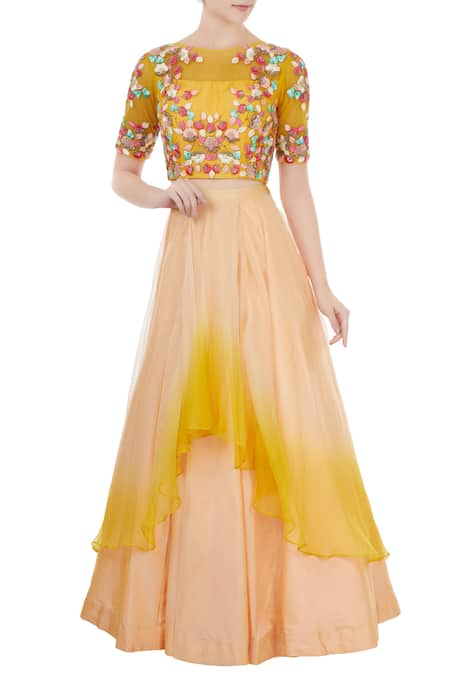 Priyanka Jain Yellow Round Embroidered Layered Lehenga Set 