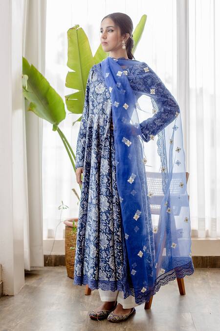 Buy_Gulabo Jaipur_Blue Cotton Floral Round Print Anarkali Set_Online_at_Aza_Fashions