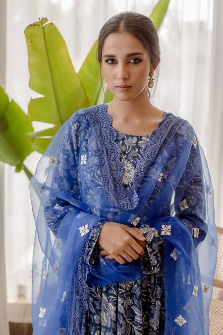 Shop_Gulabo Jaipur_Blue Cotton Floral Round Print Anarkali Set_Online_at_Aza_Fashions