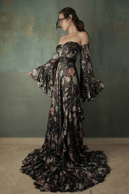 Nidhi Yasha_Black Viscose Floral Motifs Sweetheart Neck Print Maxi Dress _Online_at_Aza_Fashions