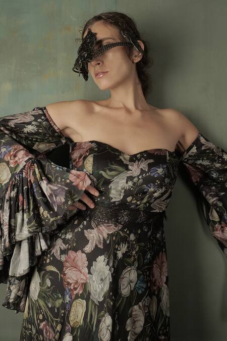 Buy_Nidhi Yasha_Black Viscose Floral Motifs Sweetheart Neck Print Maxi Dress _Online_at_Aza_Fashions