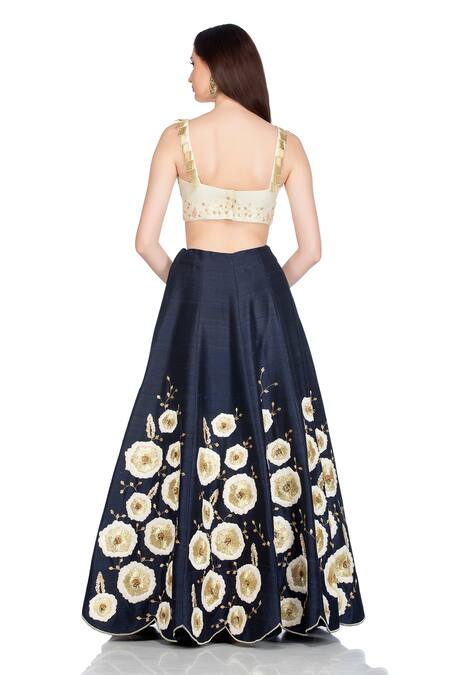 Shop Salt And Spring Blue Raw Silk Floral Motifs Round Embroidered Lehenga Set at Aza Fashions Shop_Salt And Spring_Blue Raw Silk Floral Motifs Round Embroidered Lehenga Set _at_Aza_Fashions