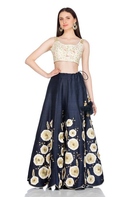 Salt And Spring Blue Raw Silk Floral Motifs Round Embroidered Lehenga Set Online at Aza Fashions Salt And Spring_Blue Raw Silk Floral Motifs Round Embroidered Lehenga Set _Online_at_Aza_Fashions