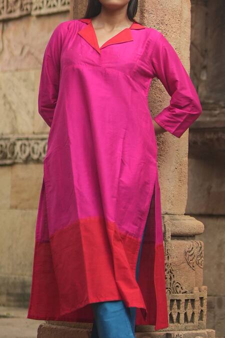 Shop_Sagaa By Vanita_Pink Silk Lapel Collar Paneled Kurta Set _Online_at_Aza_Fashions