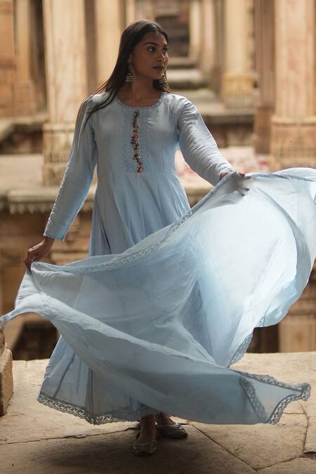 Shop_Sagaa By Vanita_Blue Silk Embroidered Hand Round Kurta Set _Online_at_Aza_Fashions