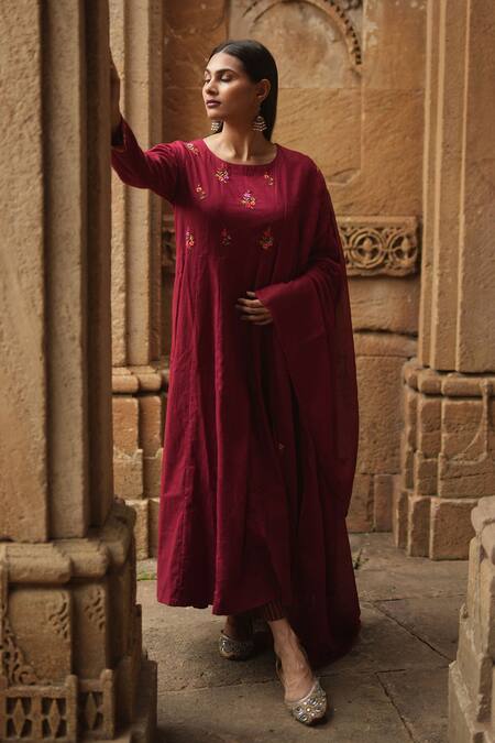 Buy_Sagaa By Vanita_Red Anarkali  Silk, Dupatta  Kota Floral Round Neck With_Online_at_Aza_Fashions