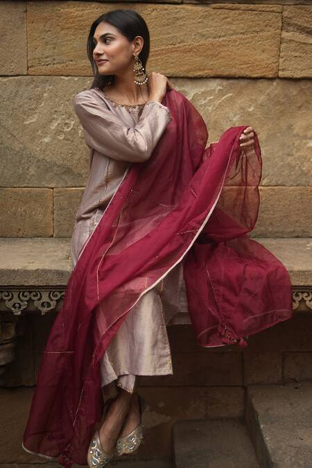 Shop Sagaa By Vanita Brown Kurta And Pant Silk Embroidered Sequins Round Neck Set Online at Aza Fashions Shop_Sagaa By Vanita_Brown Kurta And Pant Silk Embroidered Sequins Round Neck Set _Online_at_Aza_Fashions