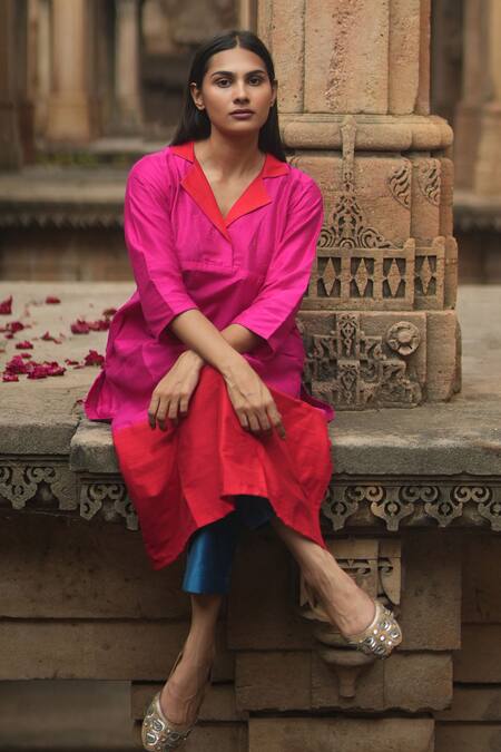 Sagaa By Vanita_Pink Silk Lapel Collar Paneled Kurta Set _at_Aza_Fashions