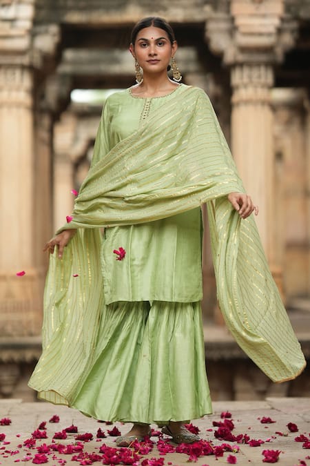 Shop_Sagaa By Vanita_Green Silk Sequins Round Embroidered Kurta Set_Online_at_Aza_Fashions
