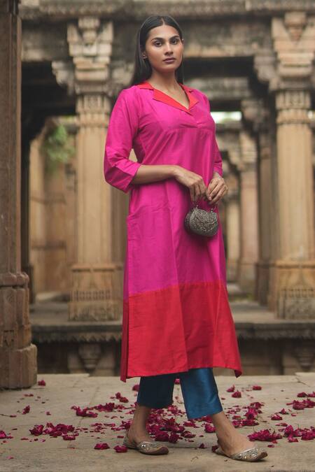 Sagaa By Vanita_Pink Silk Lapel Collar Paneled Kurta Set _Online_at_Aza_Fashions