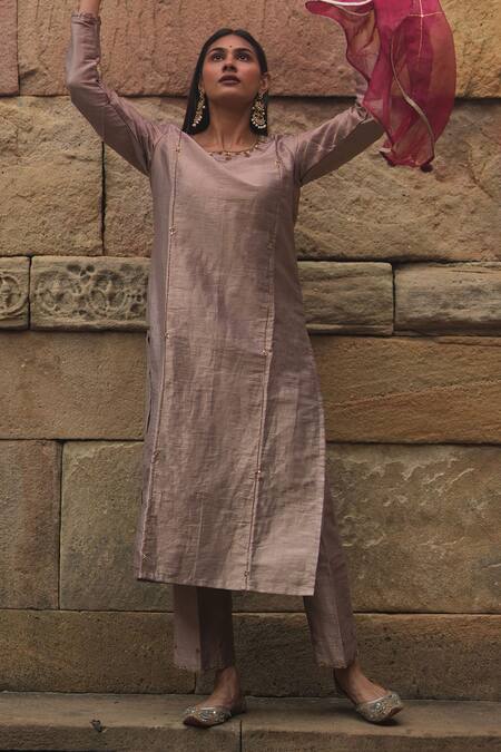 Buy Sagaa By Vanita Brown Kurta And Pant Silk Embroidered Sequins Round Neck Set Online at Aza Fashions Buy_Sagaa By Vanita_Brown Kurta And Pant Silk Embroidered Sequins Round Neck Set _Online_at_Aza_Fashions