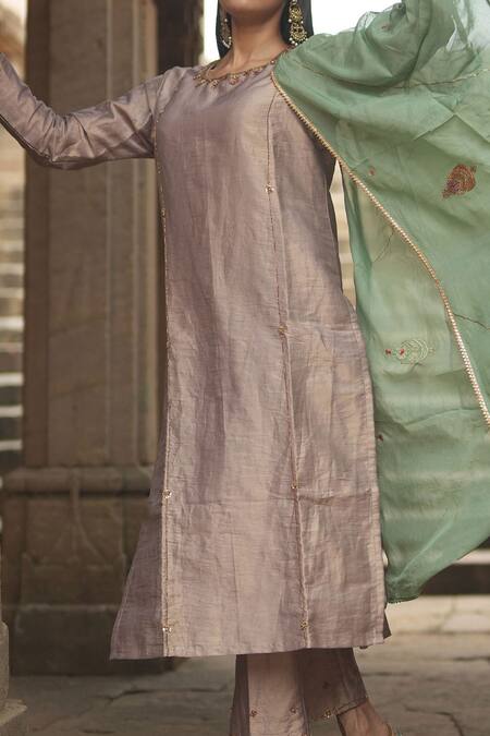 Sagaa By Vanita_Brown Dupatta  Organza, Kurta And Pant  Silk Sequins Round Set_Online_at_Aza_Fashions