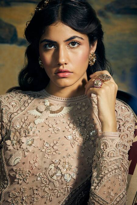 Sahil Kochhar Pink Soft Net Embroidery Floral Round Dakshin Kurta And Leggings Set Online at Aza Fashions Sahil Kochhar_Pink Soft Net Embroidery Floral Round Dakshin Kurta And Leggings Set _Online_at_Aza_Fashions