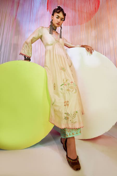 Rajiramniq White Embroidery Sequin V Neck Silk Anarkali Palazzo Set Online at Aza Fashions Rajiramniq_White Embroidery Sequin V Neck Silk Anarkali Palazzo Set _Online_at_Aza_Fashions