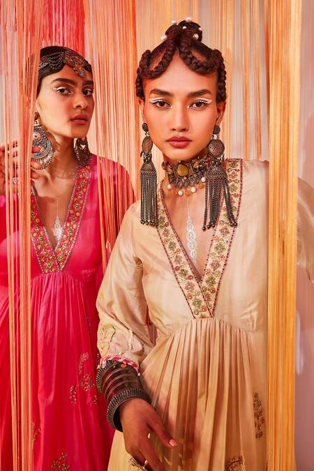 Buy Rajiramniq White Embroidery Sequin V Neck Silk Anarkali Palazzo Set Online at Aza Fashions Buy_Rajiramniq_White Embroidery Sequin V Neck Silk Anarkali Palazzo Set _Online_at_Aza_Fashions