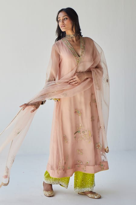 Rajiramniq_Green Cutdana, Sequin, Thread And Pearl, Placement Embroidered Kurta Palazzo Set _Online_at_Aza_Fashions